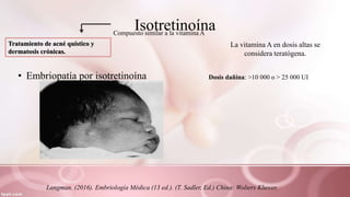 IsotretinoínaCompuesto similar a la vitamina A
• Embriopatía por isotretinoína
Tratamiento de acné quístico y
dermatosis crónicas.
La vitamina A en dosis altas se
considera teratógena.
Dosis dañina: >10 000 o > 25 000 UI
Langman. (2016). Embriología Médica (13 ed.). (T. Sadler, Ed.) China: Wolters Kluwer.
 