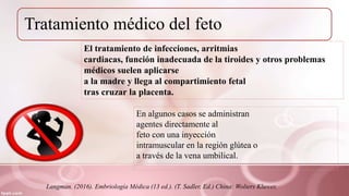 Tratamiento médico del feto
El tratamiento de infecciones, arritmias
cardiacas, función inadecuada de la tiroides y otros problemas
médicos suelen aplicarse
a la madre y llega al compartimiento fetal
tras cruzar la placenta.
En algunos casos se administran
agentes directamente al
feto con una inyección
intramuscular en la región glútea o
a través de la vena umbilical.
Langman. (2016). Embriología Médica (13 ed.). (T. Sadler, Ed.) China: Wolters Kluwer.
 