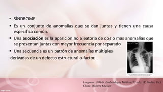• SÍNDROME
 Es un conjunto de anomalías que se dan juntas y tienen una causa
especifica común.
 Una asociación es la aparición no aleatoria de dos o mas anomalías que
se presentan juntas con mayor frecuencia por separado
 Una secuencia es un patrón de anomalías múltiples
derivadas de un defecto estructural o factor.
Langman. (2016). Embriología Médica (13 ed.). (T. Sadler, Ed.)
China: Wolters Kluwer.
 