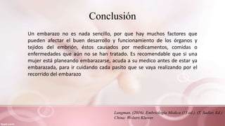 Conclusión
Un embarazo no es nada sencillo, por que hay muchos factores que
pueden afectar el buen desarrollo y funcionamiento de los órganos y
tejidos del embrión, éstos causados por medicamentos, comidas o
enfermedades que aún no se han tratado. Es recomendable que si una
mujer está planeando embarazarse, acuda a su medico antes de estar ya
embarazada, para ir cuidando cada pasito que se vaya realizando por el
recorrido del embarazo
Langman. (2016). Embriología Médica (13 ed.). (T. Sadler, Ed.)
China: Wolters Kluwer.
 