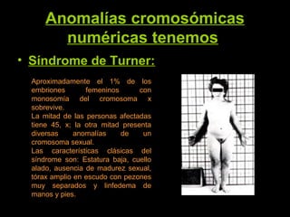 Anomalías cromosómicas
numéricas tenemos
• Síndrome de Turner:
Aproximadamente el 1% de los
embriones femeninos con
monosomía del cromosoma x
sobrevive.
La mitad de las personas afectadas
tiene 45, x; la otra mitad presenta
diversas anomalías de un
cromosoma sexual.
Las características clásicas del
síndrome son: Estatura baja, cuello
alado, ausencia de madurez sexual,
tórax amplio en escudo con pezones
muy separados y linfedema de
manos y pies.
 