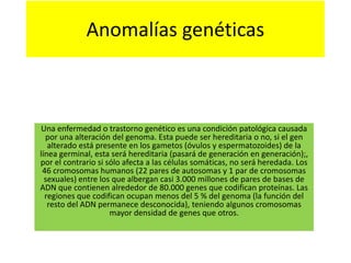 Anomalías genéticas

Una enfermedad o trastorno genético es una condición patológica causada
por una alteración del genoma. Esta puede ser hereditaria o no, si el gen
alterado está presente en los gametos (óvulos y espermatozoides) de la
línea germinal, esta será hereditaria (pasará de generación en generación);,
por el contrario si sólo afecta a las células somáticas, no será heredada. Los
46 cromosomas humanos (22 pares de autosomas y 1 par de cromosomas
sexuales) entre los que albergan casi 3.000 millones de pares de bases de
ADN que contienen alrededor de 80.000 genes que codifican proteínas. Las
regiones que codifican ocupan menos del 5 % del genoma (la función del
resto del ADN permanece desconocida), teniendo algunos cromosomas
mayor densidad de genes que otros.

 