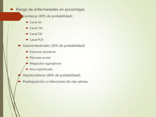  Riesgo de enfermedades en porcentajes
 Cardíacas (40% de probabilidad):
 Canal AV
 Canal CIA
 Canal CIV
 Canal PCA
 Gastrointestinales (30% de probabilidad):
 Estenosis duodenal
 Páncreas anular
 Megacolon aganglionar
 Ano imperforado
 Hipotiroidismo (40% de probabilidad)
 Predisposición a infecciones de vías aéreas
 