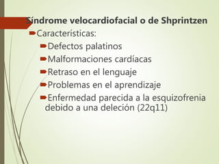 Síndrome velocardiofacial o de Shprintzen
Características:
Defectos palatinos
Malformaciones cardíacas
Retraso en el lenguaje
Problemas en el aprendizaje
Enfermedad parecida a la esquizofrenia
debido a una deleción (22q11)
 