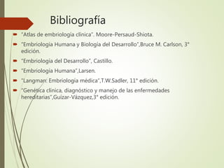 Bibliografía
 “Atlas de embriología clínica”. Moore-Persaud-Shiota.
 “Embriología Humana y Biología del Desarrollo”,Bruce M. Carlson, 3°
edición.
 “Embriología del Desarrollo”, Castillo.
 “Embriología Humana”,Larsen.
 “Langman: Embriología médica”,T.W.Sadler, 11° edición.
 “Genética clínica, diagnóstico y manejo de las enfermedades
hereditarias”,Guízar-Vázquez,3° edición.
 