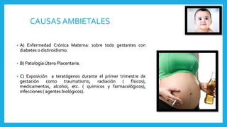 CAUSAS AMBIETALES
• A) Enfermedad Crónica Materna: sobre todo gestantes con
diabetes o distiroidismo.
• B) Patología Útero Placentaria.
• C) Exposición a teratógenos durante el primer trimestre de
gestación como traumatismo, radiación ( físicos),
medicamentos, alcohol, etc. ( químicos y farmacológicos),
infecciones ( agentes biológicos).
 