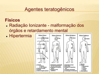 Agentes teratogênicos
Físicos
 Radiação Ionizante - malformação dos
órgãos e retardamento mental
 Hipertermia
 