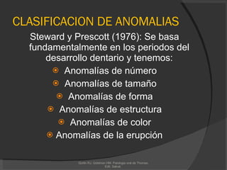 CLASIFICACION   DE ANOMALIAS Steward y Prescott (1976): Se basa fundamentalmente en los periodos del desarrollo dentario y tenemos: Anomalías de número Anomalías de tamaño Anomalías de forma Anomalías de estructura Anomalías de color Anomalías de la erupción Gorlin RJ, Goldman HM. Patologia oral de Thomas. Edit. Salvat.  