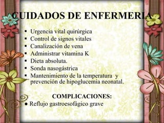 CUIDADOS DE ENFERMERIA
 Urgencia vital quirúrgica
 Control de signos vitales
 Canalización de vena
 Administrar vitamina K
 Dieta absoluta.
 Sonda nasogástrica
 Mantenimiento de la temperatura y
prevención de hipoglucemia neonatal.
COMPLICACIONES:
● Reflujo gastroesofágico grave
 