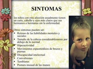 SINTOMAS
los niños con esta afección usualmente tienen
un cutis, cabello y ojos más claros que sus
hermanos o hermanas sin la enfermedad.
Otros síntomas pueden ser:
 Retraso de las habilidades mentales y
sociales
 Tamaño de la cabeza considerablemente por
debajo de lo normal
 Hiperactividad
 Movimientos espasmódicos de brazos y
piernas
 Discapacidad intelectual
 Convulsiones
 Temblores
 Postura inusual de las manos
 