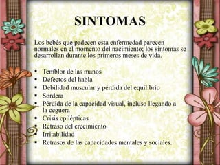 SINTOMAS
Los bebés que padecen esta enfermedad parecen
normales en el momento del nacimiento; los síntomas se
desarrollan durante los primeros meses de vida.
 Temblor de las manos
 Defectos del habla
 Debilidad muscular y pérdida del equilibrio
 Sordera
 Pérdida de la capacidad visual, incluso llegando a
la ceguera
 Crisis epilépticas
 Retraso del crecimiento
 Irritabilidad
 Retrasos de las capacidades mentales y sociales.
 