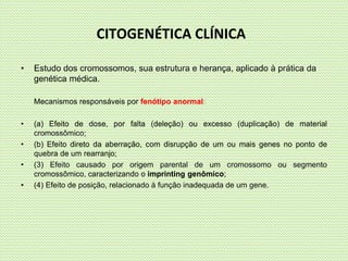 CITOGENÉTICA CLÍNICA
• Estudo dos cromossomos, sua estrutura e herança, aplicado à prática da
genética médica.
Mecanismos responsáveis por fenótipo anormal:
• (a) Efeito de dose, por falta (deleção) ou excesso (duplicação) de material
cromossômico;
• (b) Efeito direto da aberração, com disrupção de um ou mais genes no ponto de
quebra de um rearranjo;
• (3) Efeito causado por origem parental de um cromossomo ou segmento
cromossômico, caracterizando o imprinting genômico;
• (4) Efeito de posição, relacionado à função inadequada de um gene.
 