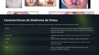 Características da Síndrome de Patau
A síndrome de Patau é uma condição grave que apresenta um conjunto de características físicas, muitas vezes, com graves problemas de saúde.
Cabeça Microcefalia (cabeça pequena), Holoprosencefalia (malformação cerebral), lábio
leporino ou fenda palatina, olhos pequenos e afastados, defeitos no ouvido externo,
polidactilia (dedos extras)
Mãos e Pés Polidactilia (dedos extras), defeitos nas mãos e pés, pés em forma de "pé de
coelho"
Coração Defeitos cardíacos congênitos, como defeitos no septo ventricular e atrial
Rins Problemas renais, como agenesia renal (ausência de um ou ambos os rins) e
defeitos nos ureteres
Outros Hérnias, malformações do trato digestivo, problemas neurológicos, como
convulsões e deficiência intelectual
 