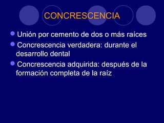 CONCRESCENCIA
Unión por cemento de dos o más raíces
Concrescencia verdadera: durante el
desarrollo dental
Concrescencia adquirida: después de la
formación completa de la raíz
 