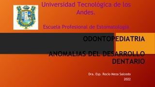 ODONTOPEDIATRIA
ANOMALIAS DEL DESARROLLO
DENTARIO
Dra. Esp. Rocío Meza Salcedo
2022
Universidad Tecnológica de los
Andes.
Escuela Profesional de Estomatología
 