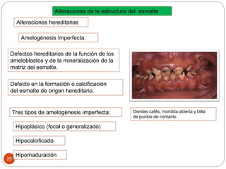 Tres tipos de amelogénesis imperfecta:
Alteraciones de la estructura del esmalte
Alteraciones hereditarias
Hipoplásico (focal o generalizado)
Dientes cafés, mordida abierta y falta
de puntos de contacto
Amelogénesis imperfecta:
Defecto en la formación o calcificación
del esmalte de origen hereditario.
Defectos hereditarios de la función de los
ameloblastos y de la mineralización de la
matriz del esmalte.
25
Hipocalcificado
Hipomaduración
 