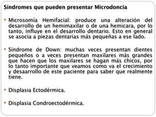 Síndromes que pueden presentar Microdoncia

 Microsomía   Hemifacial: produce una alteración del
 desarrollo de un hemimaxilar o de una hemicara, por lo
 tanto, inﬂuye en el desarrollo dentario. Esto en general
 se asocia a piezas dentarias más pequeñas a ese lado.

 Síndrome de Down: muchas veces presentan dientes
 pequeños o a veces presentan maxilares más grandes
 que hacen que los maxilares se hagan más chicos, por
 lo tanto importante que veamos como va el crecimiento
 y desaarrollo de este paciente para saber que realmente
 tiene.

 Displasia Ectodérmica.

 Displasia Condroectodérmica.
 