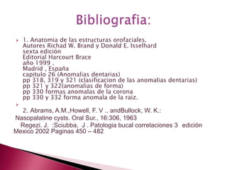  1. Anatomia de las estructuras orofaciales.
Autores Richad W. Brand y Donald E. Isselhard
sexta edición
Editorial Harcourt Brace
año 1999 .
Madrid , España
capitulo 26 (Anomalias dentarias)
pp 318, 319 y 321 (clasificacion de las anomalias dentarias)
pp 321 y 322(anomalias de forma)
pp 330 formas anomalas de la corona
pp 330 y 332 forma anomala de la raiz.

2. Abrams, A.M.,Howell, F. V ., andBullock, W. K.:
Nasopalatine cysts. Oral Sur., 16:306, 1963
Regezi. J. :Sciubba, J . Patologia bucal correlaciones 3 edición
Mexico 2002 Paginas 450 – 482
 