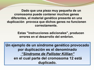 Dado que una pieza muy pequeña de un
cromosoma puede contener muchos genes
diferentes, el material genético presente en una
duplicación provoca que dichos genes no funcionen
correctamente.
Estas "instrucciones adicionales", producen
errores en el desarrollo del embrion.
Un ejemplo de un síndrome genético provocado
por duplicación es el denominado
“Síndrome de Pallister Killian”
en el cual parte del cromosoma 12 está
duplicado.
 