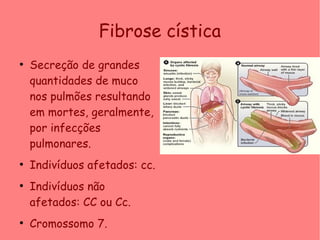 Fibrose cística
●
Secreção de grandes
quantidades de muco
nos pulmões resultando
em mortes, geralmente,
por infecções
pulmonares.
●
Indivíduos afetados: cc.
●
Indivíduos não
afetados: CC ou Cc.
●
Cromossomo 7.
 