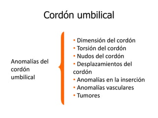 Cordón umbilical
• Dimensión del cordón
• Torsión del cordón
• Nudos del cordón
• Desplazamientos del
cordón
• Anomalías en la inserción
• Anomalías vasculares
• Tumores
Anomalías del
cordón
umbilical
 