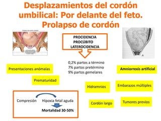 Hidramnios
Desplazamientos del cordón
umbilical: Por delante del feto.
Prolapso de cordón
PROCIDENCIA
PROCÚBITO
LATEROCIDENCIA
0,2% partos a término
7% partos pretérmino
9% partos gemelares
Prematuridad
Embarazos múltiples
Cordón largo
Amniorrexis artificial
Tumores previos
Presentaciones anómalas
Compresión Hipoxia fetal aguda
Mortalidad 30-50%
 