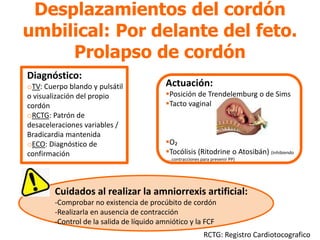 Desplazamientos del cordón
umbilical: Por delante del feto.
Prolapso de cordón
Diagnóstico:
oTV: Cuerpo blando y pulsátil
o visualización del propio
cordón
oRCTG: Patrón de
desaceleraciones variables /
Bradicardia mantenida
oECO: Diagnóstico de
confirmación
Actuación:
Posición de Trendelemburg o de Sims
Tacto vaginal
O₂
Tocólisis (Ritodrine o Atosibán) (Inhibiendo
…..contracciones para prevenir PP)
Cuidados al realizar la amniorrexis artificial:
-Comprobar no existencia de procúbito de cordón
-Realizarla en ausencia de contracción
-Control de la salida de líquido amniótico y la FCF
RCTG: Registro Cardiotocografico
 