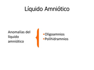 Líquido Amniótico
Anomalías del
líquido
amniótico
•Oligoamnios
•Polihidramnios
 