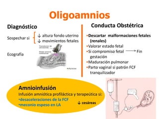 Oligoamnios
Ecografía
↓ altura fondo uterino
↓ movimientos fetales
Sospechar si
Diagnóstico Conducta Obstétrica
•Descartar malformaciones fetales
(renales)
•Valorar estado fetal
•Si compromiso fetal Fin
gestación
•Maduración pulmonar
•Parto vaginal si patrón FCF
tranquilizador
Amnioinfusión
Infusión amniótica profiláctica y terapeútica si:
•desaceleraciones de la FCF
•meconio espeso en LA ↓ cesáreas
 