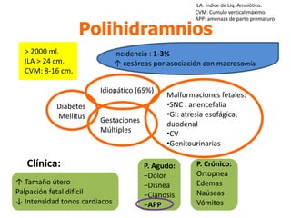 Polihidramnios
˃ 2000 ml.
ILA ˃ 24 cm.
CVM: 8-16 cm.
Incidencia : 1-3%
↑ cesáreas por asociación con macrosomía
Idiopático (65%)
Diabetes
Mellitus Gestaciones
Múltiples
Malformaciones fetales:
•SNC : anencefalia
•GI: atresia esofágica,
duodenal
•CV
•Genitourinarias
P. Agudo:
−Dolor
−Disnea
−Cianosis
−APP
↑ Tamaño útero
Palpación fetal difícil
↓ Intensidad tonos cardiacos
P. Crónico:
Ortopnea
Edemas
Naúseas
Vómitos
Clínica:
ILA: Índice de Liq. Amniótico.
CVM: Cumulo vertical máximo
APP: amenaza de parto prematuro
 