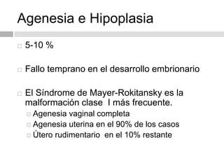 Agenesia e Hipoplasia
 5-10 %
 Fallo temprano en el desarrollo embrionario
 El Síndrome de Mayer-Rokitansky es la
malformación clase I más frecuente.
 Agenesia vaginal completa
 Agenesia uterina en el 90% de los casos
 Útero rudimentario en el 10% restante
 