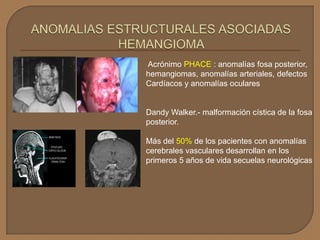 •   Hemangiomas pequeños y bien localizados.
•   Típicamente punta nasal, labio, mejilla o párpado.

•   Triamcinolona 3 a...