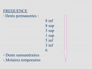 FREQUENCE
- Dents permanentes :
8 inf
8 sup
3 sup
1 sup
5 inf
3 inf
6
- Dents surnuméraires
- Molaires temporaires
 