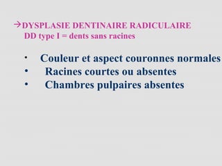 DYSPLASIE DENTINAIRE RADICULAIRE
DD type I = dents sans racines
• Couleur et aspect couronnes normales
• Racines courtes ou absentes
• Chambres pulpaires absentes
 