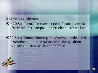 2 périodes distinctes:
0-20 SA: formé à travers la peau fœtale (avant la
  kératinisation), composition proche du sérum fœtal

20 SA à Terme : formé par la diurèse fœtale et par
 l’excrétion du liquide pulmonaire, composition
 totalement différente du sérum fœtal
 