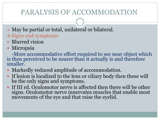 PARALYSIS OF ACCOMMODATION
 TREATMENT :-
 Self recovery (‫ذاتي‬ ‫)شفاء‬ occurs in drug induced
paralysis .
 Dark glasse...