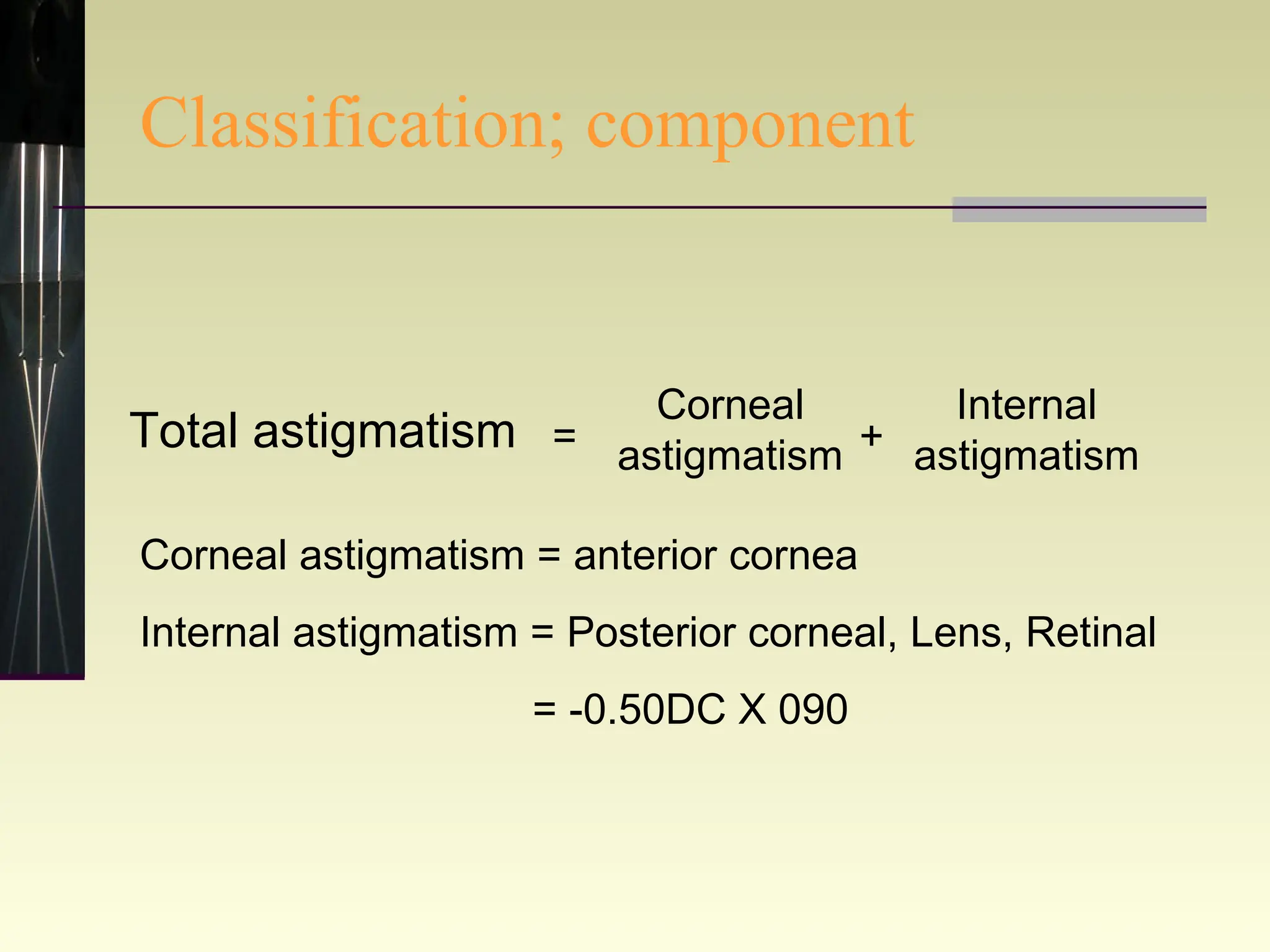 Classification; component Total astigmatism = Corneal astigmatism + Internal astigmatism Corneal astigmatism = anterior cornea Internal astigmatism = Posterior corneal, Lens, Retinal   = -0.50DC X 090 