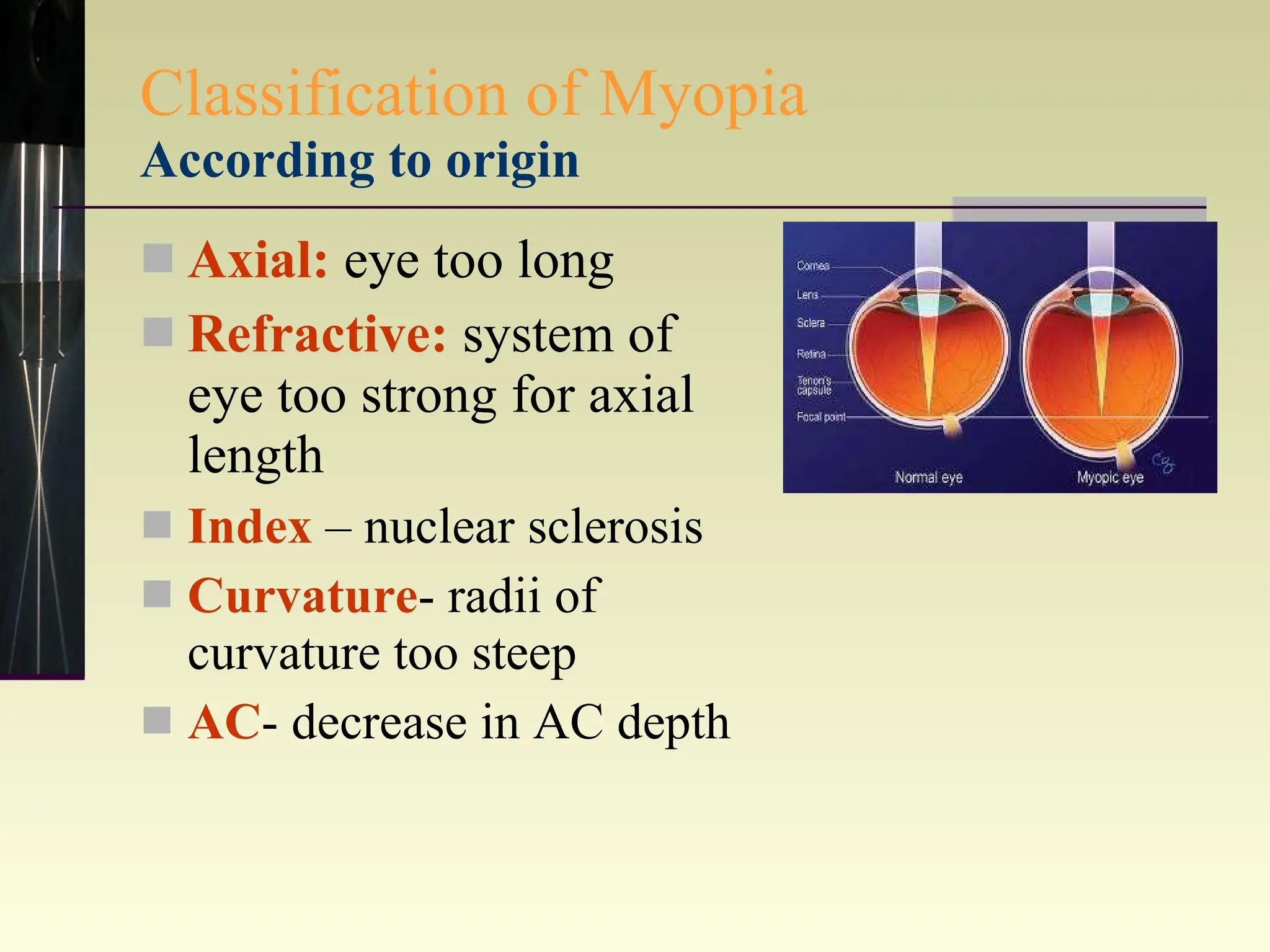 Classification of Myopia According to origin Axial:  eye too long Refractive:  system of eye too strong for axial length  Index  – nuclear sclerosis Curvature - radii of curvature too steep AC - decrease in AC depth 