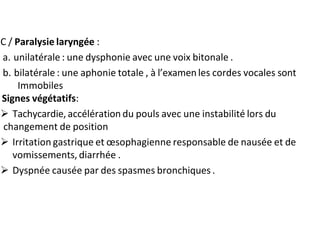 C / Paralysie laryngée :
a. unilatérale : une dysphonie avec une voix bitonale .
b. bilatérale : une aphonie totale , à l’examenles cordes vocales sont
Immobiles
Signes végétatifs:
 Tachycardie, accélération du pouls avec une instabilité lors du
changement de position
 Irritation gastrique et œsophagienne responsable de nausée et de
vomissements, diarrhée .
 Dyspnée causée par des spasmes bronchiques .
 