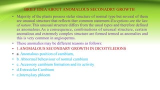 BRIEF IDEAABOUT ANOMALOUS SECONADRY GROWTH
• Majority of the plants possess stelar structure of normal type but several of them
are unusual structure that reflects ther common statement-Exceptions are the law
of nature.This unusual structure differs from the usual types and therefore defined
as anomalous.As a consequence, combinations of unusual structure, certain
anomalous and extremely complex structure are formed termed as anomalies and
this is very common in angiosperms.
• These anomalies may be different reasons as follows:
• 1.ANOMALOUS SECONDARY GROWTH IN DICOTYLEDONS
• a. Anomalous position of cambium,
• b. Abnormal beheaviour of normal cambium
• c. Accessory cambium formation and its activity
• d.Extrastelar Cambium
• e,Interxylary phloem
 
