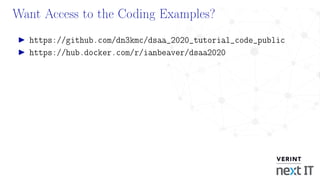 Want Access to the Coding Examples?
https://github.com/dn3kmc/dsaa_2020_tutorial_code_public
https://hub.docker.com/r/ianbeaver/dsaa2020
 
