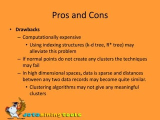 Pros and ConsAdvantages: No need to be supervised Easily adaptable to on-line / incremental mode suitable for anomaly detection from temporal data 