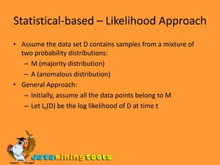 Grubbs’ TestDetect outliers in univariate dataAssume data comes from normal distributionDetects one outlier at a time, remove the outlier, and repeatH0: There is no outlier in dataHA: There is at least one outlierGrubbs’ test statistic: Reject H0 if:
