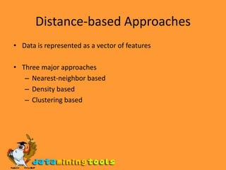 Limitations of Statistical Approaches Most of the tests are for a single attributeIn many cases, data distribution may not be knownFor high dimensional data, it may be difficult to estimate the true distribution