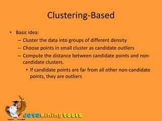 Density-based: LOF approachFor each point, compute the density of its local neighborhoodCompute local outlier factor (LOF) of a sample p as the average of the ratios of the density of sample p and the density of its nearest neighborsOutliers are points with largest LOF value