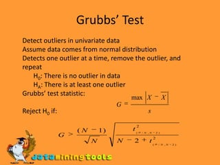 Model-basedStatistical ApproachesAssume a parametric model describing the distribution of the data (e.g., normal distribution) Apply a statistical test that depends on Data distributionParameter of distribution (e.g., mean, variance)Number of expected outliers (confidence limit)