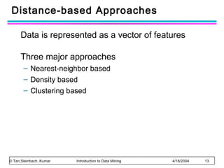 Distance-based Approaches
Data is represented as a vector of features
Three major approaches
– Nearest-neighbor based
– Density based
– Clustering based

© Tan,Steinbach, Kumar

Introduction to Data Mining

4/18/2004

13

 