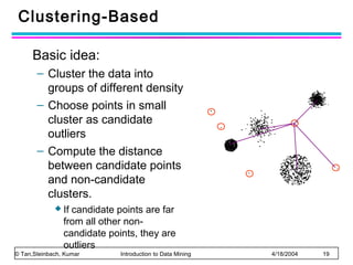 Clustering-Based
Basic idea:
– Cluster the data into
groups of different density
– Choose points in small
cluster as candidate
outliers
– Compute the distance
between candidate points
and non-candidate
clusters.
 If

candidate points are far
from all other noncandidate points, they are
outliers

© Tan,Steinbach, Kumar

Introduction to Data Mining

4/18/2004

19

 