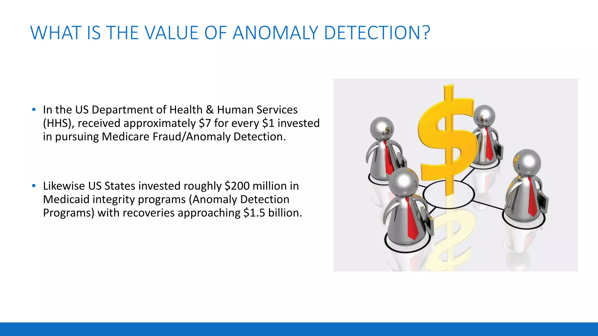 WHAT IS THE VALUE OF ANOMALY DETECTION?
▪ In the US Department of Health & Human Services
(HHS), received approximately $7 for every $1 invested
in pursuing Medicare Fraud/Anomaly Detection.
▪ Likewise US States invested roughly $200 million in
Medicaid integrity programs (Anomaly Detection
Programs) with recoveries approaching $1.5 billion.
 