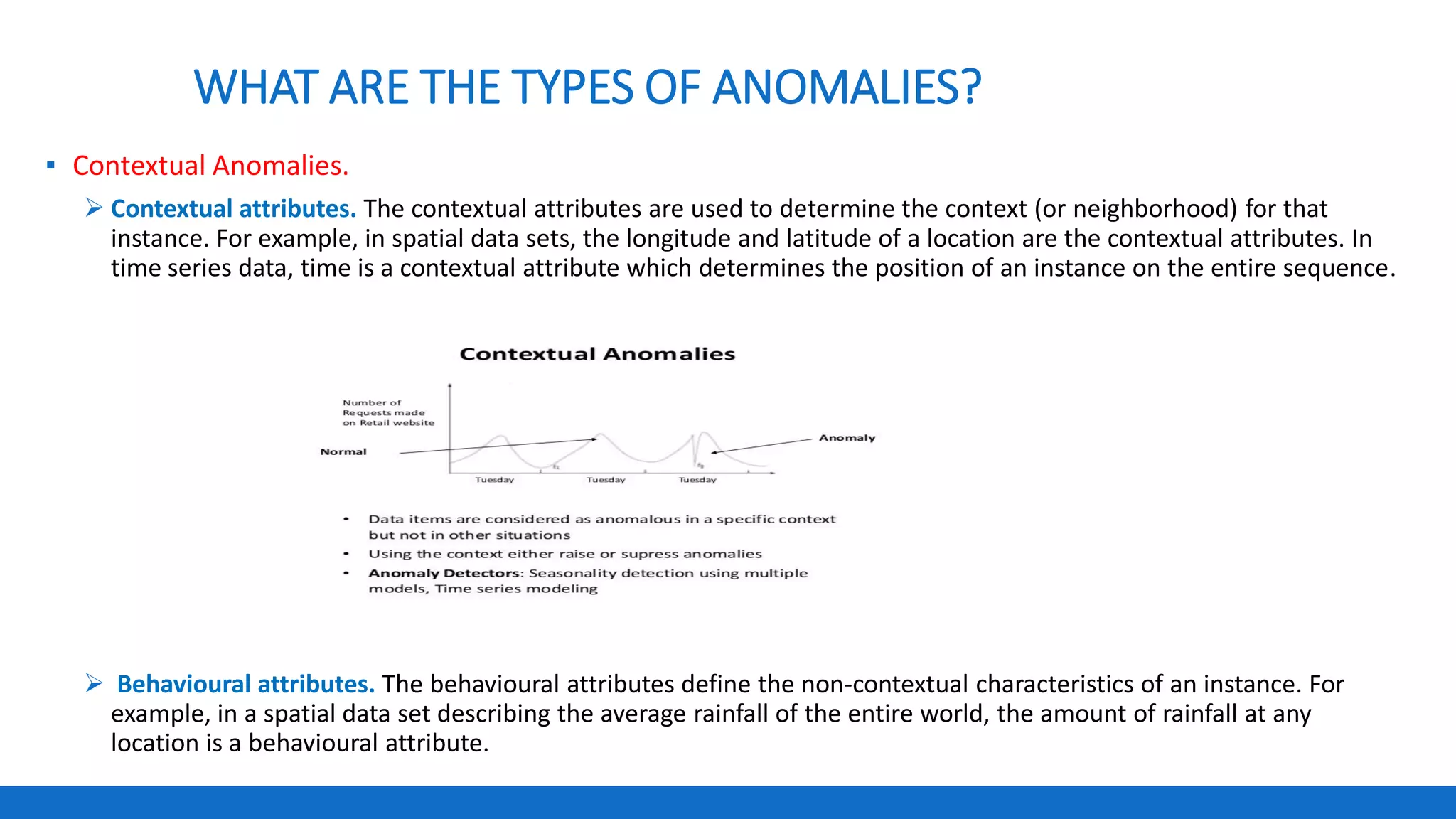 WHAT ARE THE TYPES OF ANOMALIES?
▪ Contextual Anomalies.
 Contextual attributes. The contextual attributes are used to determine the context (or neighborhood) for that
instance. For example, in spatial data sets, the longitude and latitude of a location are the contextual attributes. In
time series data, time is a contextual attribute which determines the position of an instance on the entire sequence.
 Behavioural attributes. The behavioural attributes define the non-contextual characteristics of an instance. For
example, in a spatial data set describing the average rainfall of the entire world, the amount of rainfall at any
location is a behavioural attribute.
 